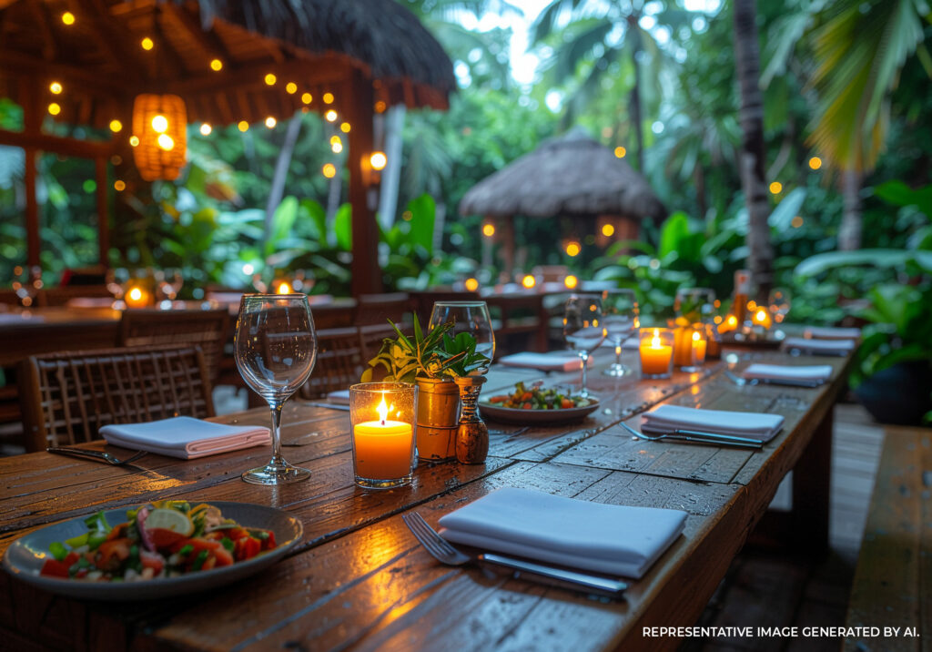 Outdoor dining table with candles and rustic décor at a jungle restaurant in Tulum Mexico