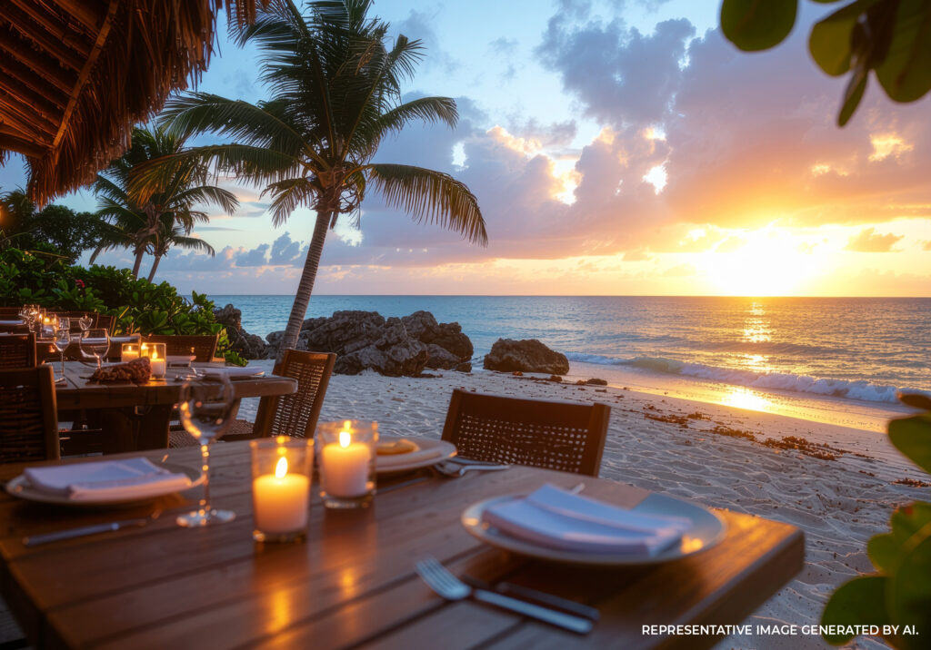 Dinner table with candles set on a beach at sunset in Tulum Mexico
