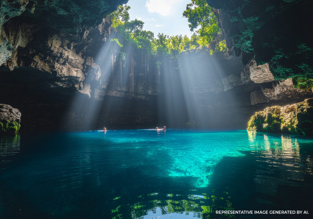 Blue cenote with sunbeams streaming through jungle canopy in Tulum Mexico