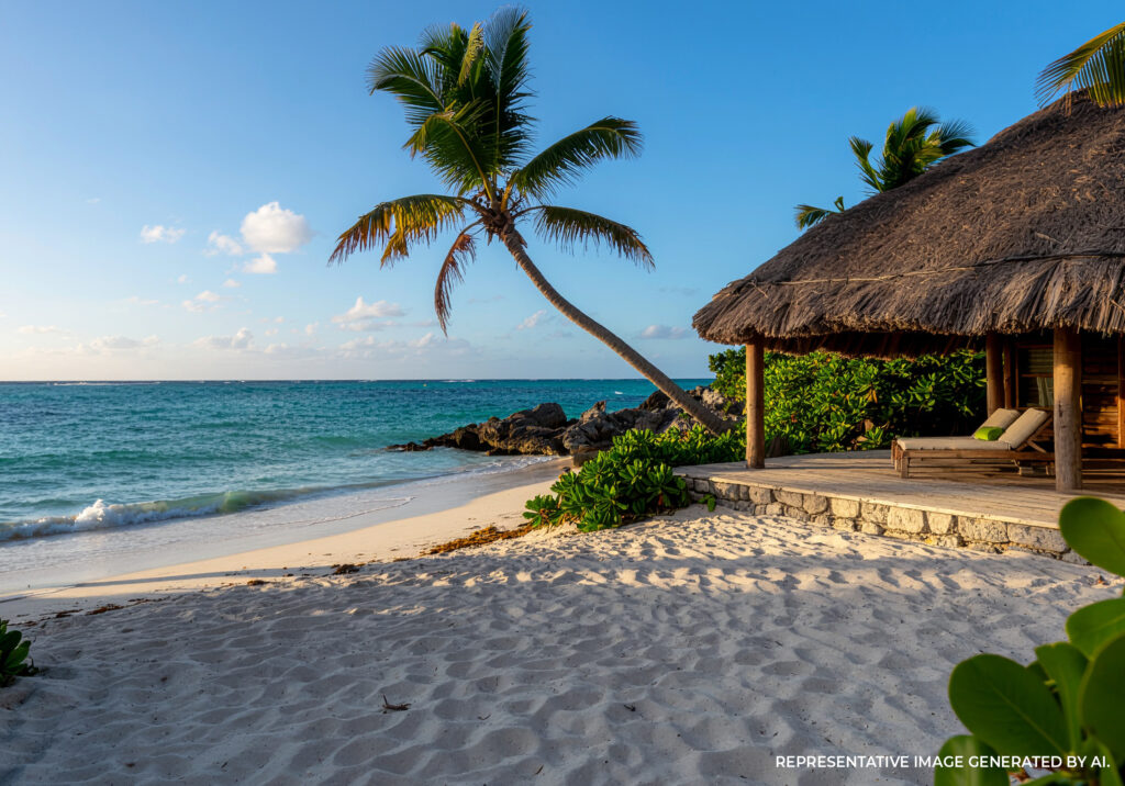 Thatched palapa and palm tree on a white sand beach with turquoise water in Tulum Mexico