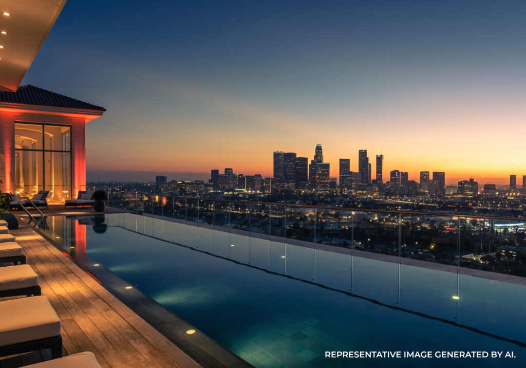 A rooftop swimming pool with panoramic views of the Los Angeles skyline at dusk.