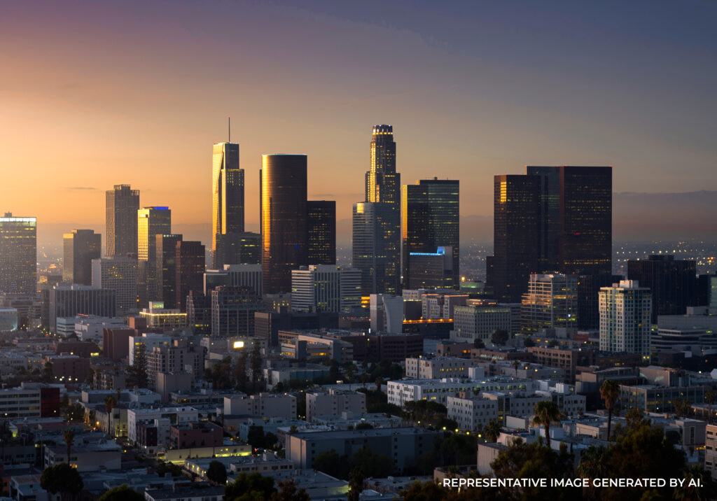 Downtown Los Angeles skyline with warm sunset light illuminating high rise buildings and city streets.