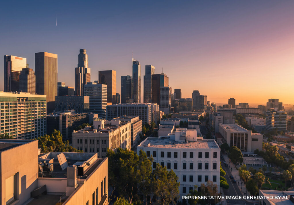 Los Angeles skyline at golden hour with modern skyscrapers and hillside neighborhoods in warm sunlight.