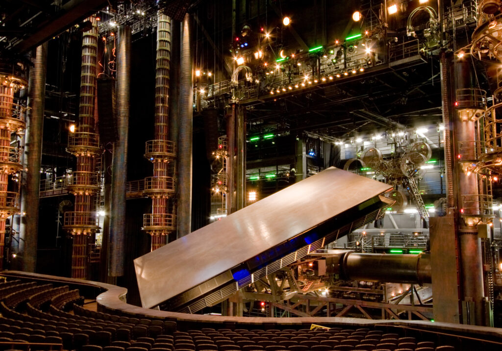 Massive rotating stage and theatre set for KÀ by Cirque du Soleil at MGM Grand Las Vegas.