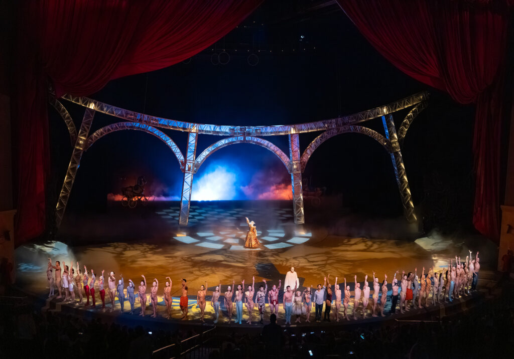 Cast of “O” by Cirque du Soleil taking their final bows over the water stage at Bellagio Las Vegas.