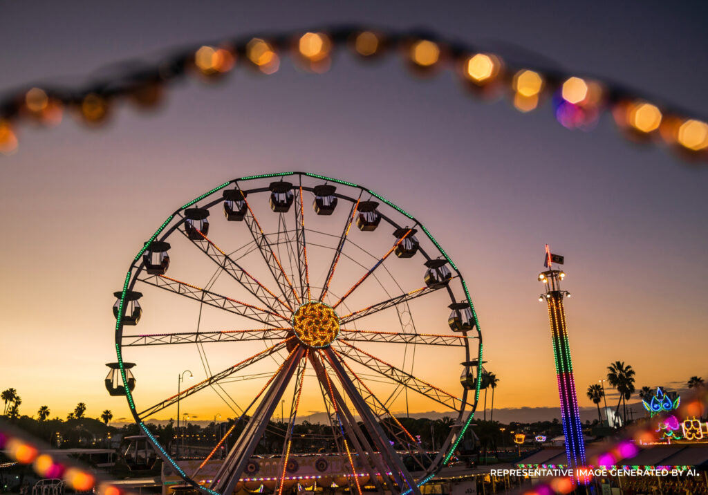 AI representation of a Ferris wheel and colorful carnival lights at the Orange County Fairgrounds during sunset.