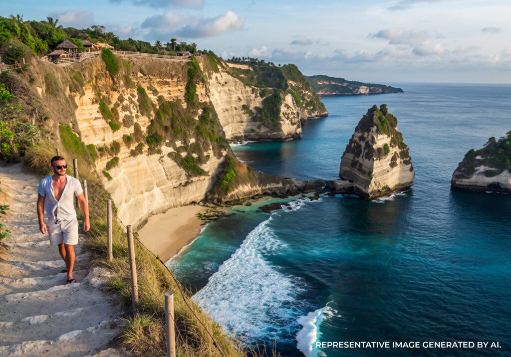 AI generated image of a secluded cliffside beach with white sand and turquoise water, framed by dramatic rock formations at sunset.