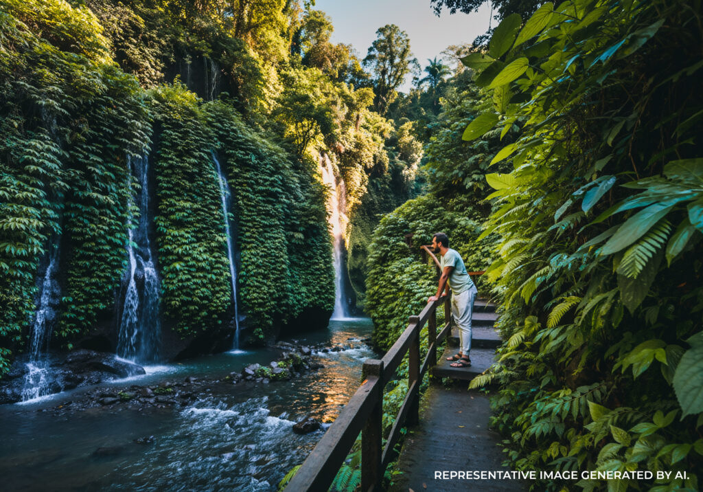AI generated image of a scenic jungle waterfall in Bali with a narrow walking path and a traveler pausing beside cascading water surrounded by lush tropical greenery.