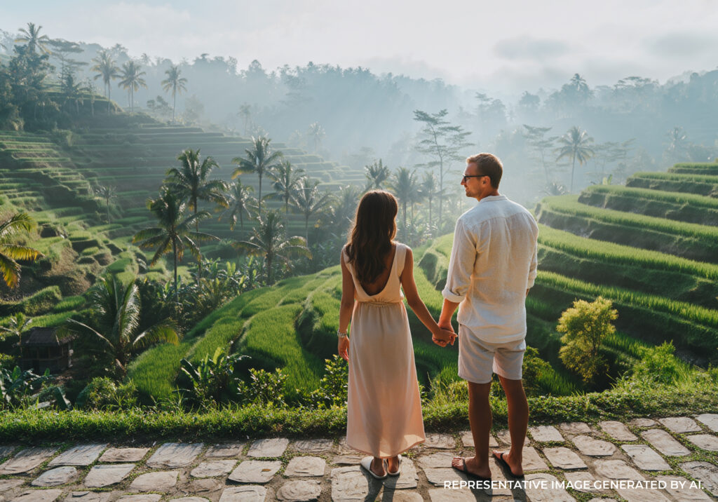 AI generated image of a couple standing hand in hand overlooking lush Balinese rice terraces with palm trees, soft morning mist, and layered green hills.