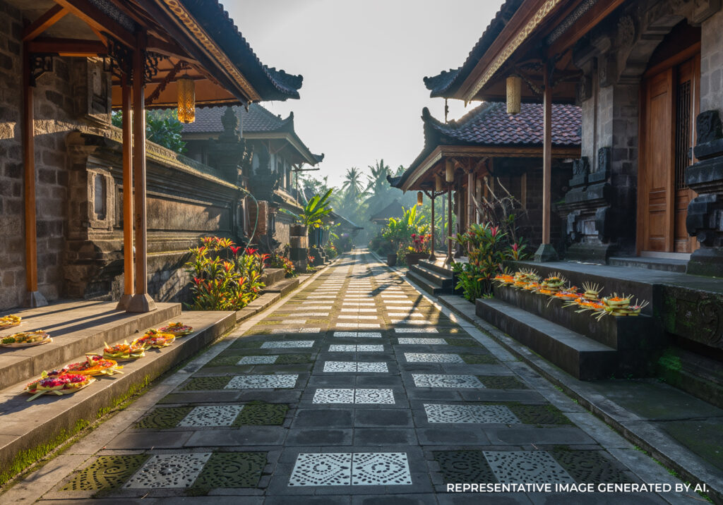 AI generated image of a quiet Balinese village street in the morning with traditional flower offerings placed along stone walkways and temple style architecture.