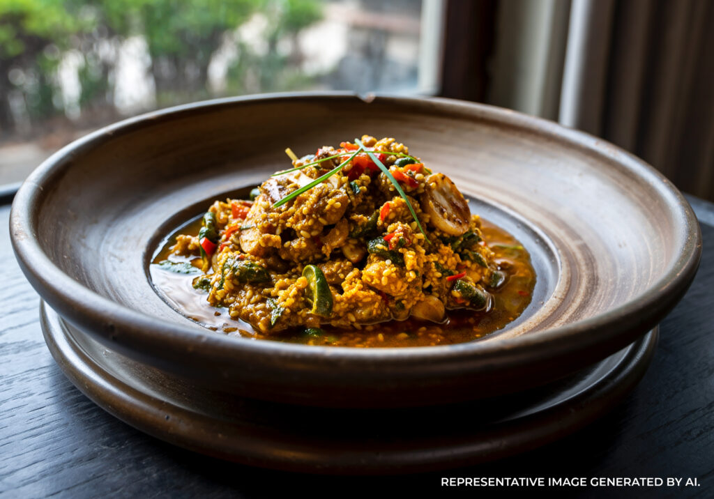 AI generated image of a colorful Balinese inspired dish plated with fresh ingredients and vibrant presentation.