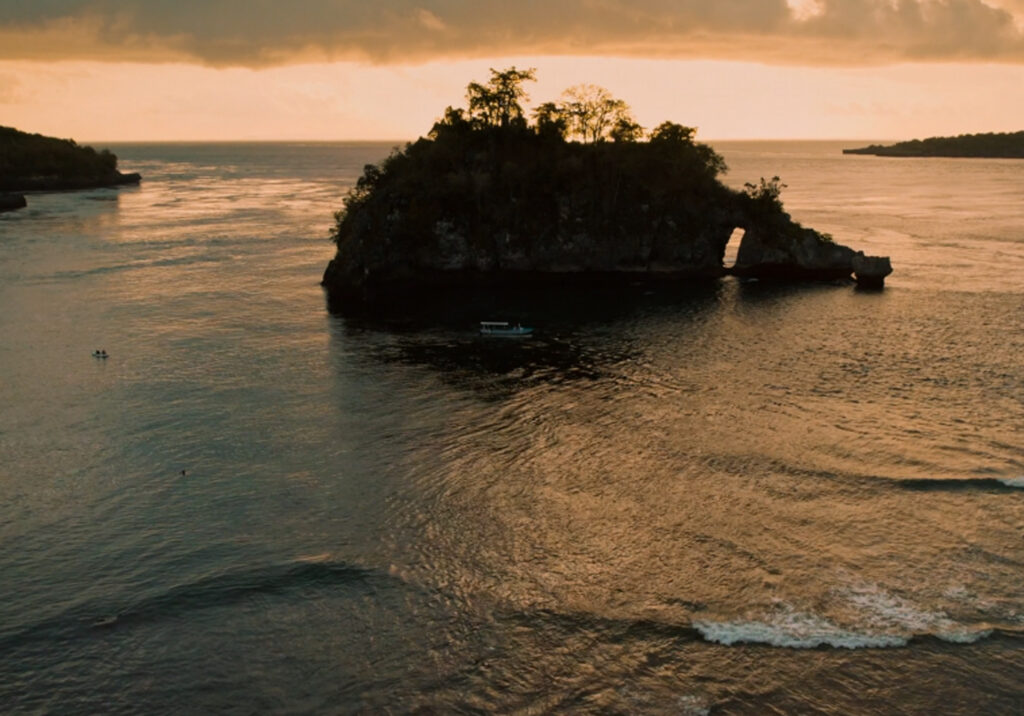 Small lush island surrounded by calm water during golden hour with warm light reflecting on the surface.