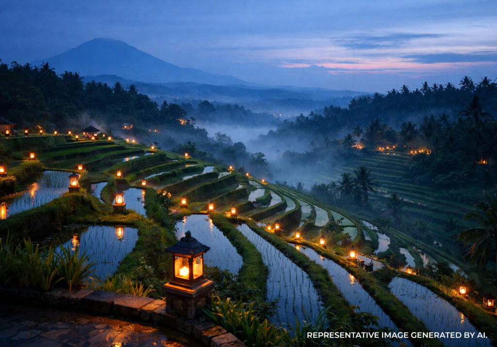 AI generated image of lush terraced rice fields winding through hills in Bali, glowing under soft morning light and mist.