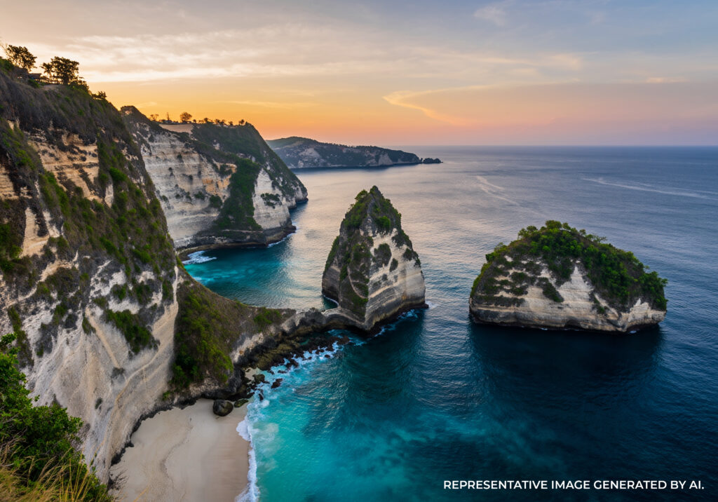 AI generated image of dramatic coastal cliffs rising above clear turquoise water, showcasing a rugged seaside landscape and calm ocean conditions.