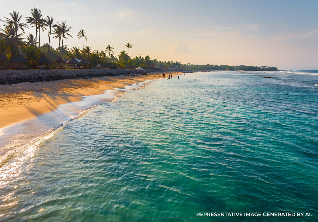AI generated image of a tranquil Bali beach during late morning featuring clear turquoise water, gentle waves, palm lined shoreline, and soft natural daylight.