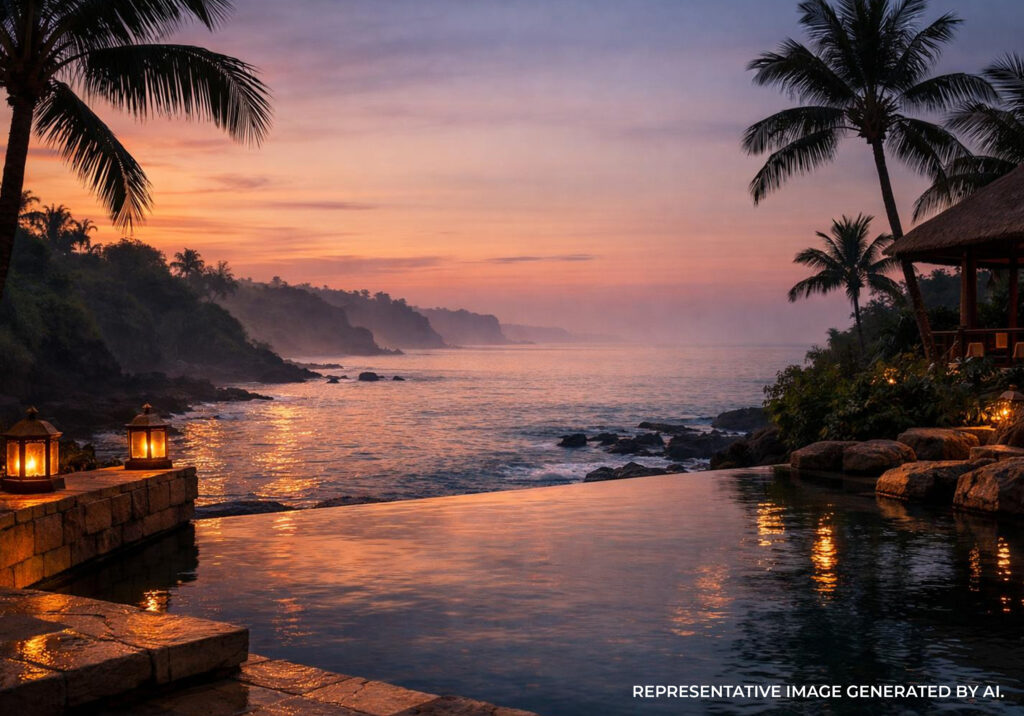 AI generated image of a quiet Bali beach at sunset, with soft waves, warm sky tones, and palm silhouettes.