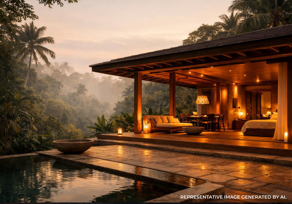 AI generated image of a luxury villa terrace in Bali overlooking lush greenery, illuminated by warm golden hour light.