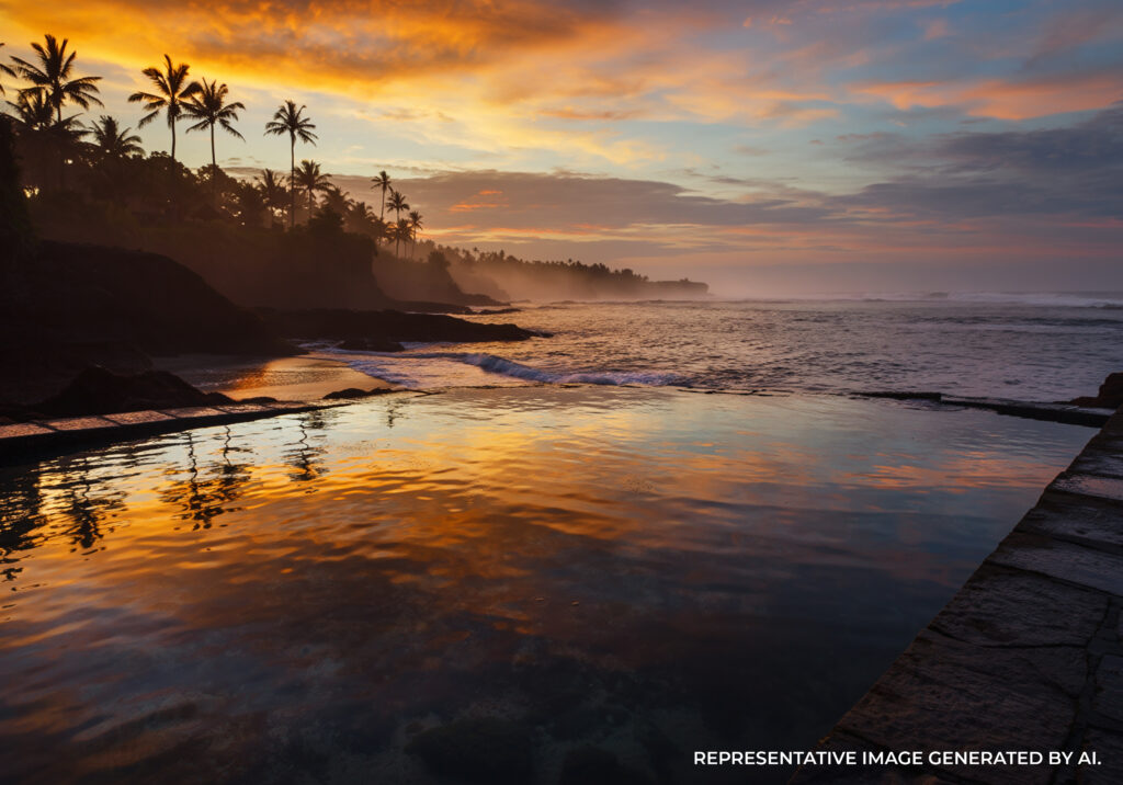 AI generated image of Bali’s rugged coastline at sunset, with waves crashing against rocks under warm evening light.