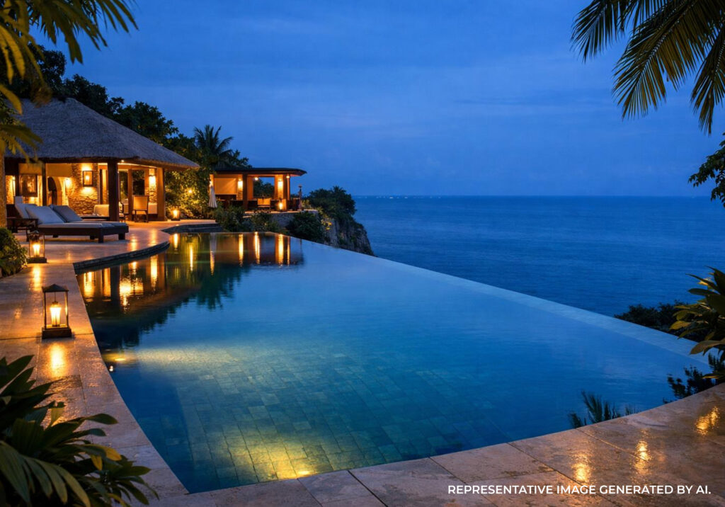 AI generated image of an infinity pool in Bali overlooking the ocean at dusk, with soft lighting and expansive sea views.