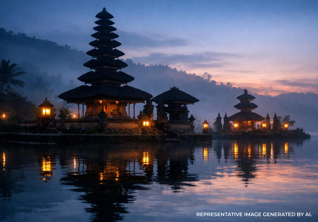 AI generated image of a traditional Balinese temple illuminated at dusk, reflected on calm water with lanterns and soft evening ligh
