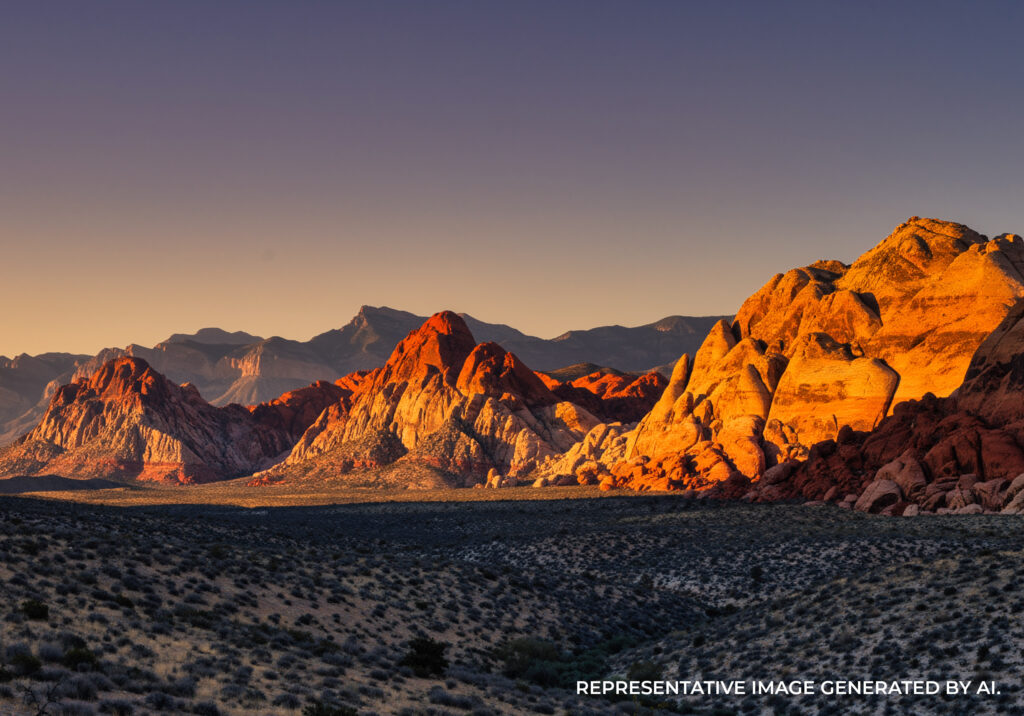 Red Rock Canyon glowing at golden hour with layered sandstone formations near Las Vegas