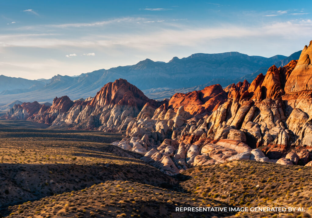 Wide panoramic view of Red Rock Canyon with rugged rock formations and desert terrain near Las Vegas