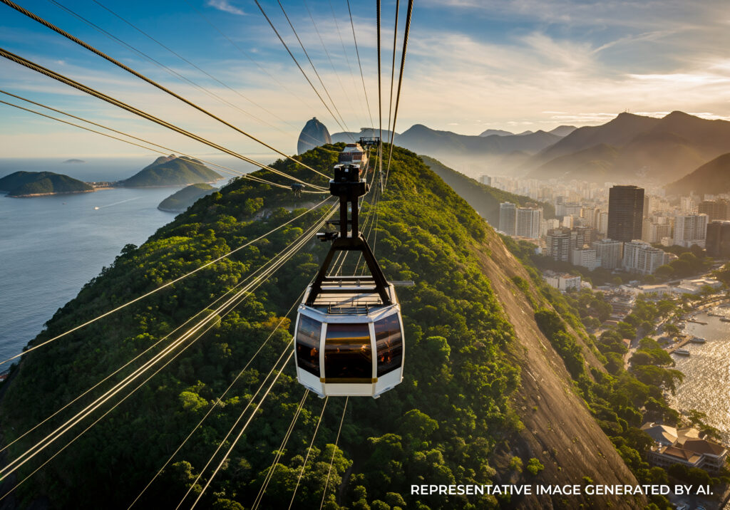 AI generated cable car ascending lush green mountains in Rio de Janeiro with sweeping city and coastline views below.
