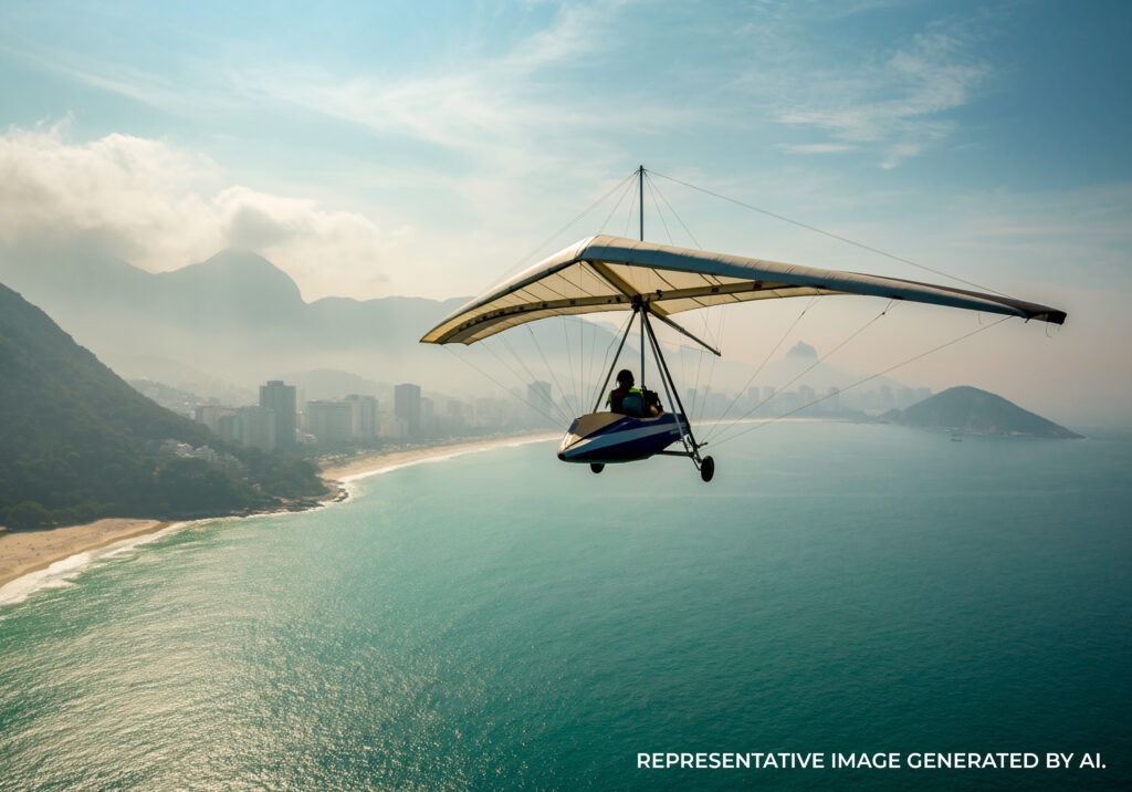 AI generated hang glider soaring above Rio de Janeiro with ocean views, beaches, and city buildings below.