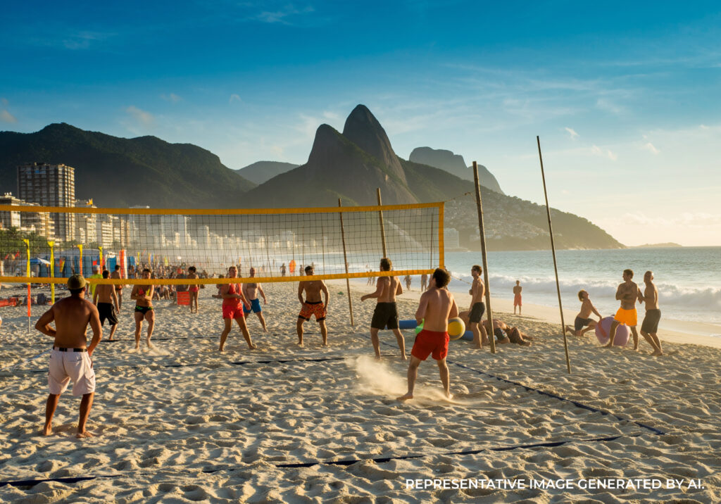 AI generated beach volleyball scene in Rio de Janeiro with players on the sand and mountains rising in the distance.
