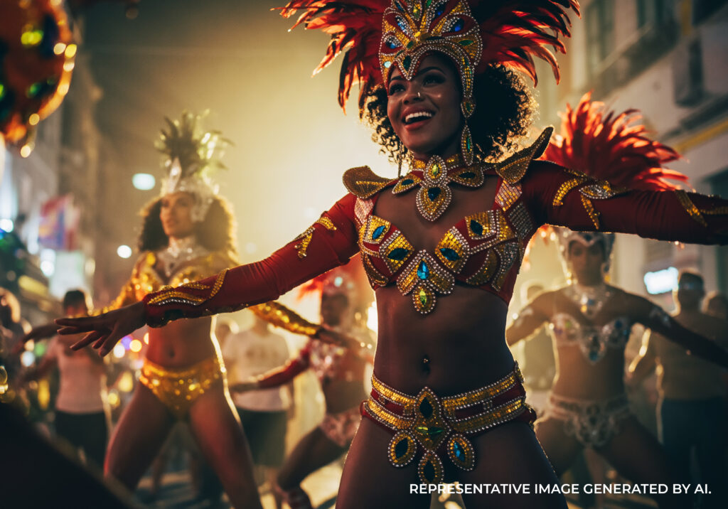 AI generated Carnival dancer in Rio de Janeiro wearing a colorful costume and performing during a festive celebration.