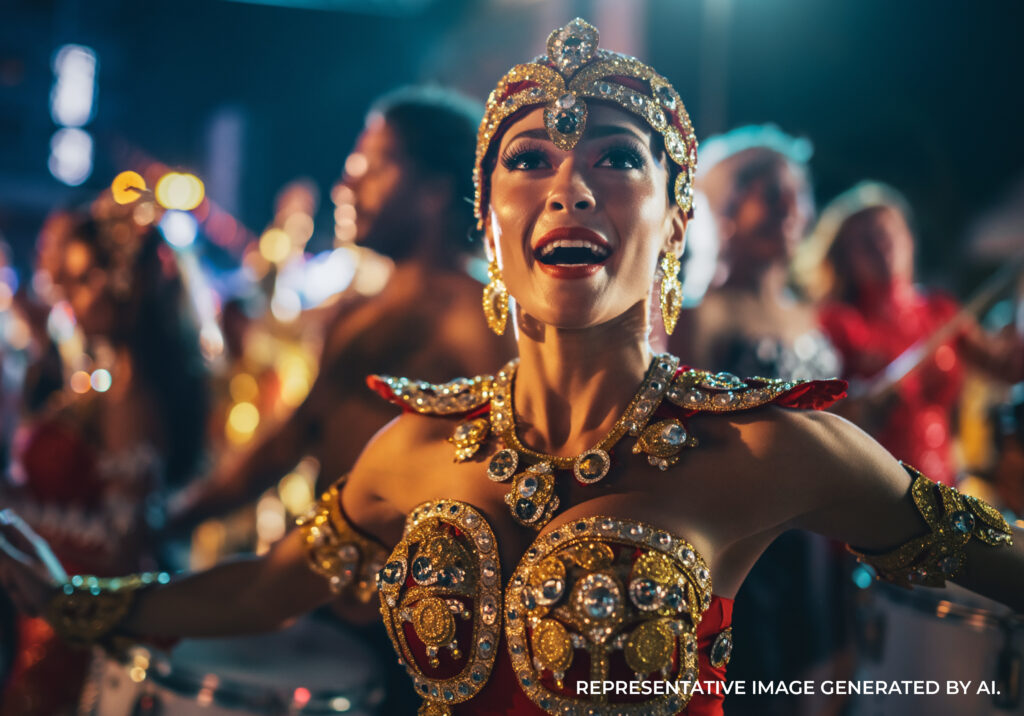 AI generated Carnival dancer in Rio de Janeiro adorned in ornate costume with feathers and vibrant stage lighting.