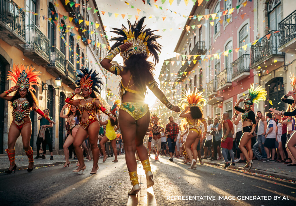 AI generated Carnival street parade in Rio de Janeiro with dancers in colorful costumes celebrating through the city.