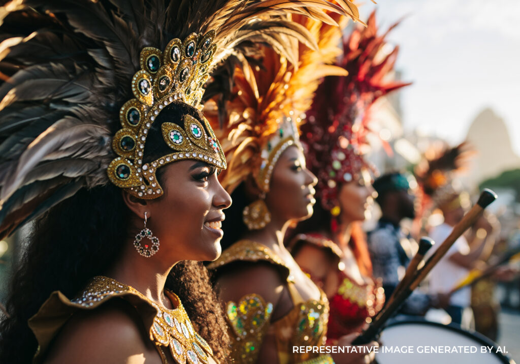 AI generated close up of Carnival performers in Rio de Janeiro wearing ornate feathered costumes and traditional makeup.