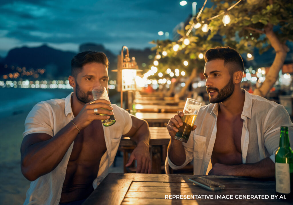AI generated couple enjoying drinks at an outdoor restaurant in Rio de Janeiro with city lights and a nighttime atmosphere.