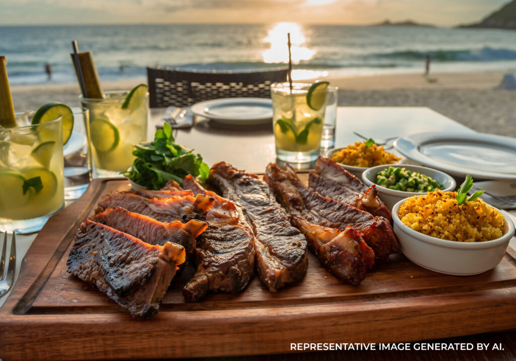AI generated grilled steak and Brazilian sides served with drinks in Rio de Janeiro at an outdoor dining table.