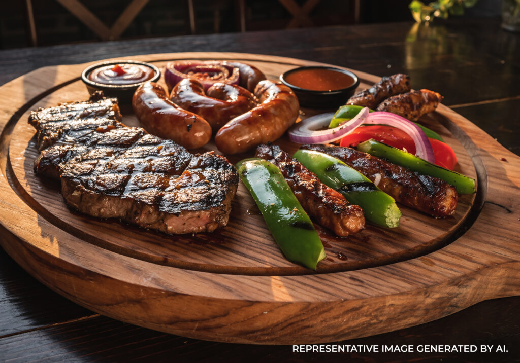 AI generated Brazilian barbecue spread in Rio de Janeiro featuring assorted grilled meats and rustic presentation.
