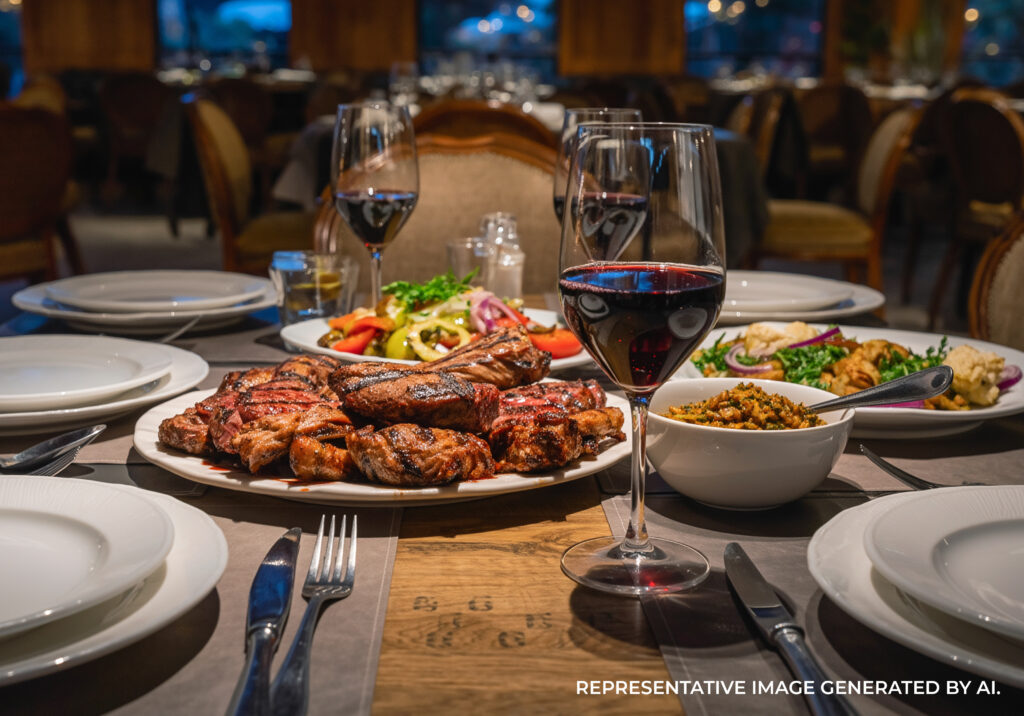 AI generated image of Brazilian cuisine in Rio de Janeiro featuring grilled meats, side dishes, and drinks arranged on a restaurant table.