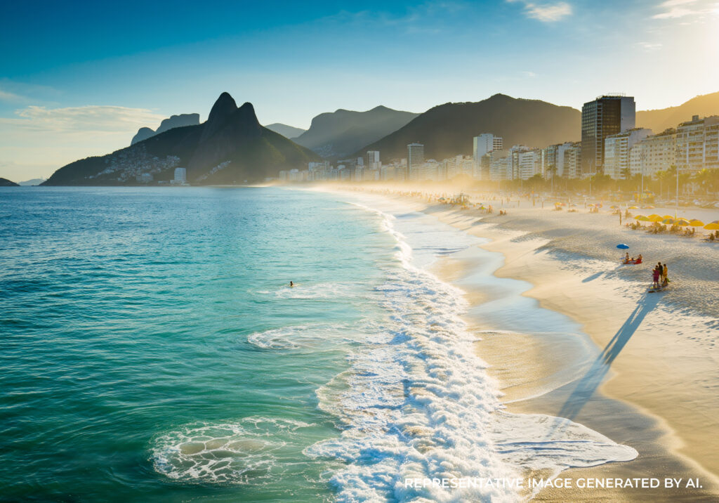 AI generated beach scene in Rio de Janeiro with turquoise water, gentle surf, and iconic mountains rising beyond the shoreline.