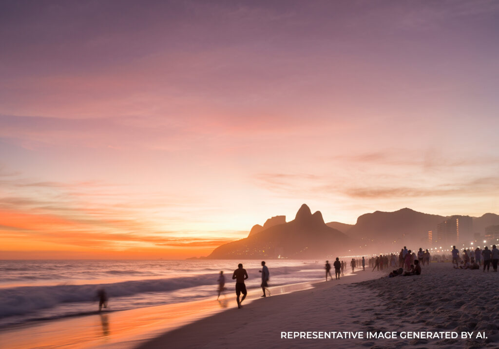 AI generated sunset beach scene in Rio de Janeiro with warm skies, reflections on wet sand, and distant mountain silhouettes.