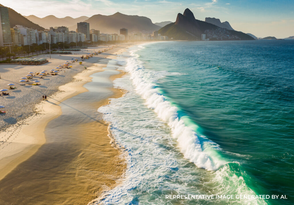 AI generated aerial view of Rio de Janeiro’s coastline with turquoise water, golden sand, and waves rolling toward the beach.