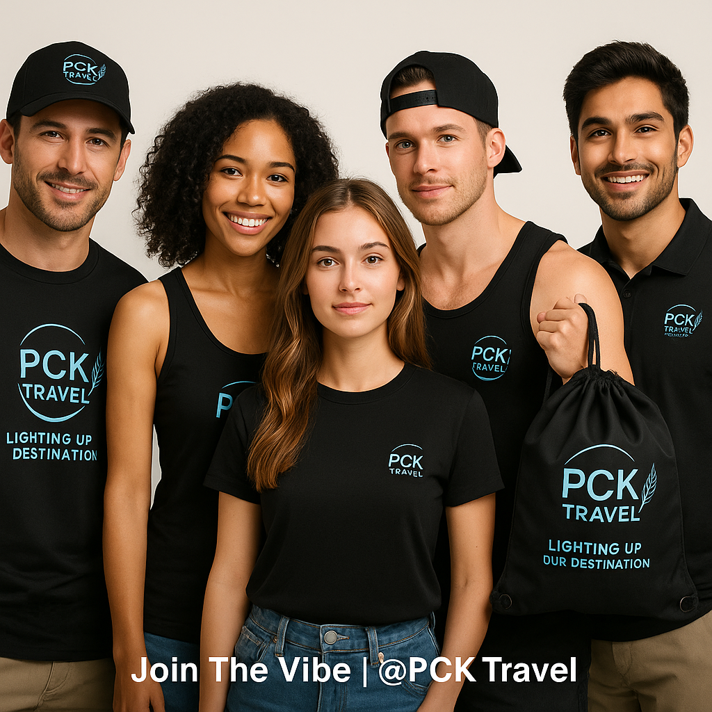 PCK Travel branded apparel and travel essentials displayed on models