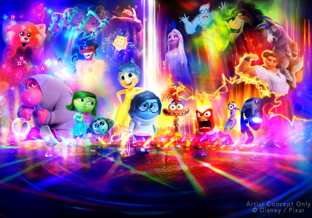 Illuminated parade floats featuring Pixar characters during Paint the Night at Disneyland
