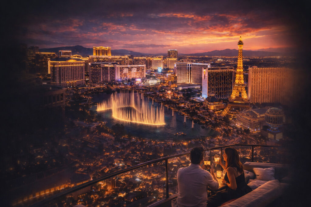 Las Vegas Strip at night with Eiffel Tower replica, fountains, and luxury dining overlooking city skyline