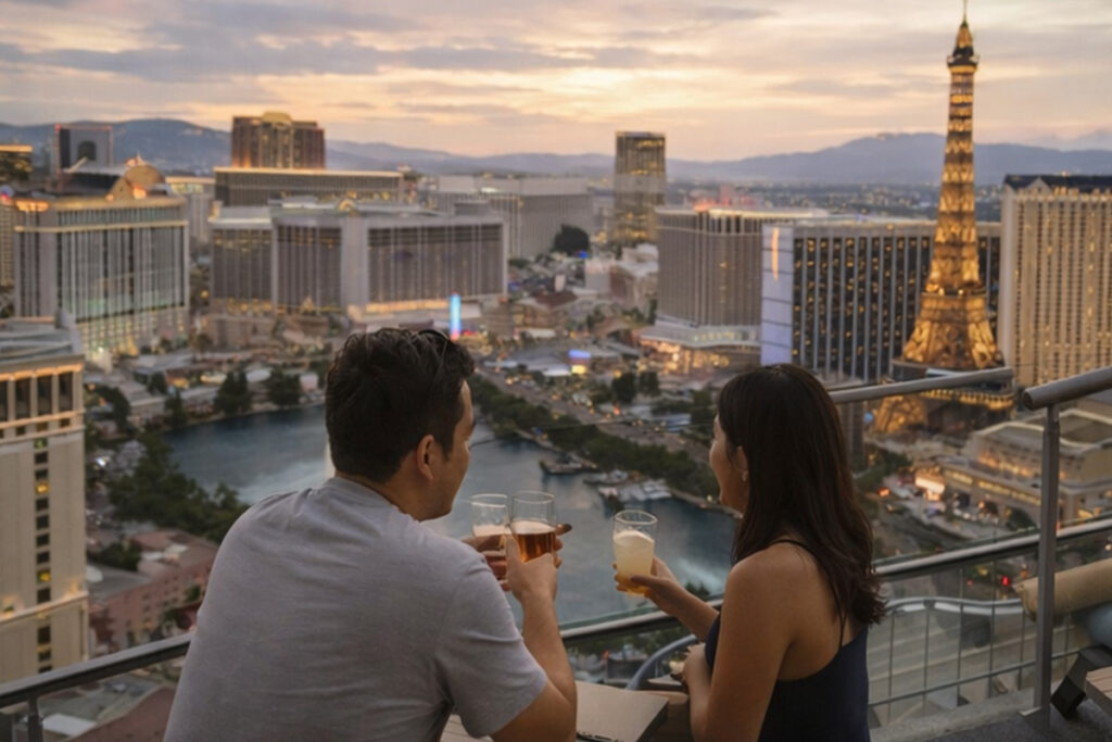 Couple enjoying drinks on a balcony overlooking the Las Vegas Strip at sunset