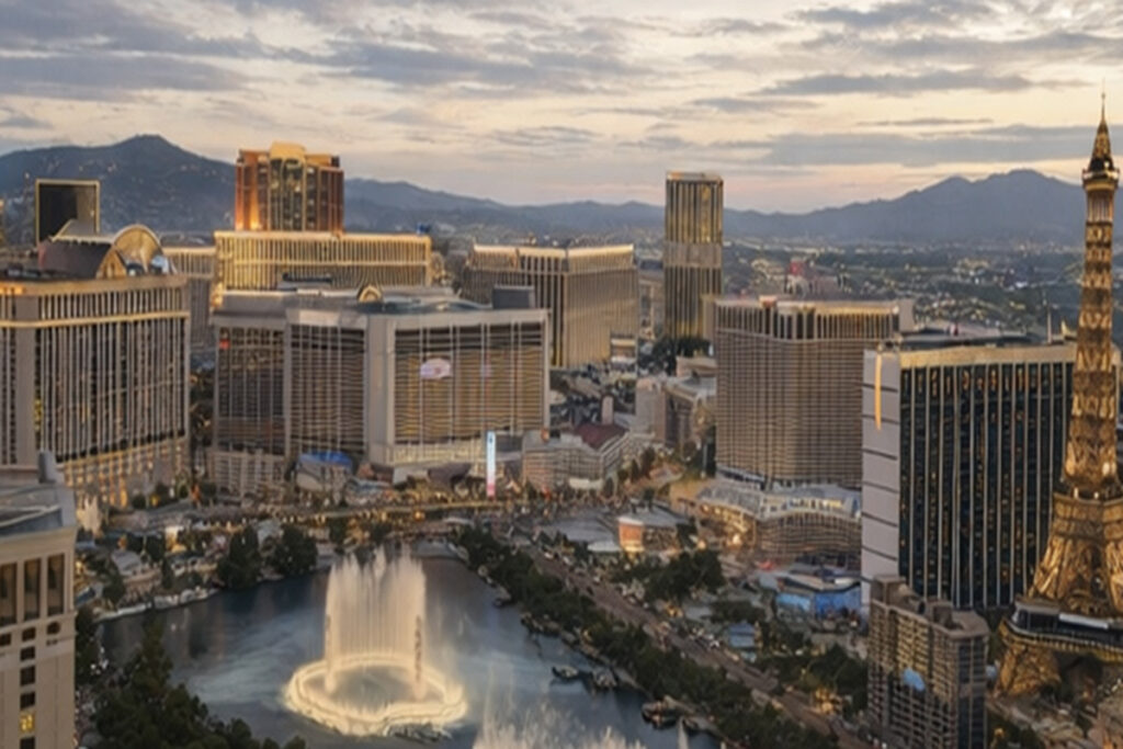Las Vegas Strip skyline during the day with major resort hotels and city view