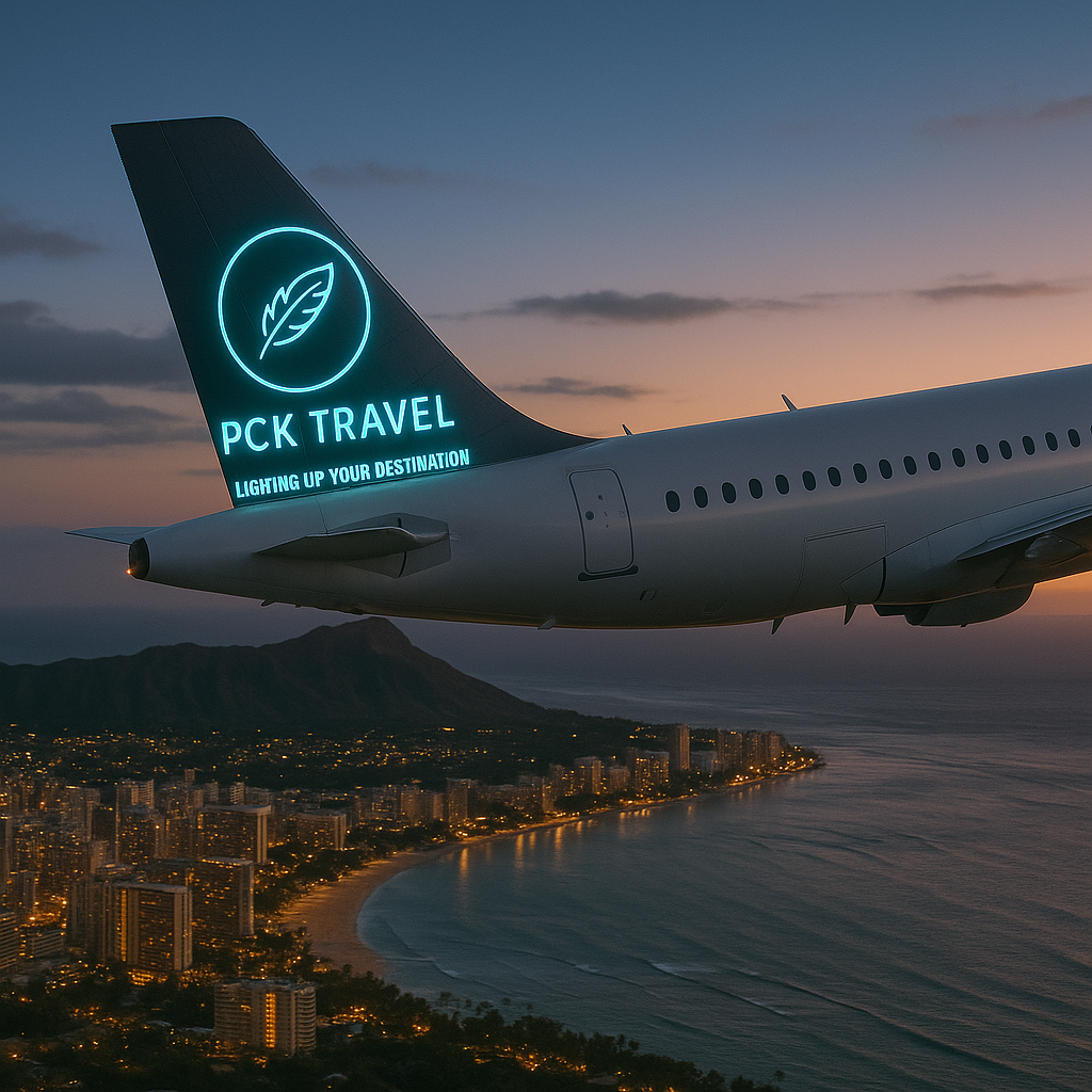 Commercial aircraft with PCK Travel branding symbolizing member flight booking access