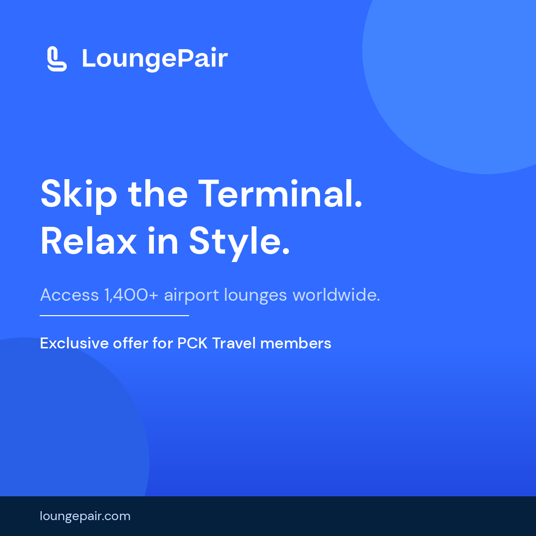 LoungePair promotional banner reading “Skip the Terminal. Relax in Style.” highlighting access to 1,400+ airport lounges worldwide as an exclusive benefit for PCK Travel members.