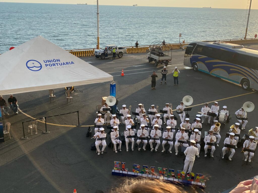 Group gathered at a cruise port in El Salvador near the dock and waterfront