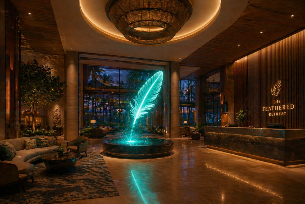 Upscale hotel lobby with marble floors, lounge seating, chandelier lighting, and a luminous neon feather centerpiece in a modern luxury setting