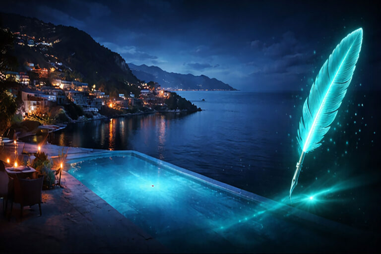 Luxury coastal infinity pool at dusk with glowing aqua feather overlooking ocean and hillside town